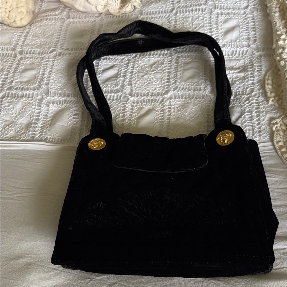 Gianni Versace bag, vintage, black, quilted velvet handbag.